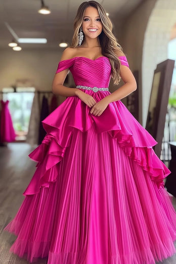 Fuchsia Ball Gown Satin Ruched Pleated Long Prom Dress with Ruffles