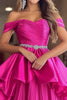 Load image into Gallery viewer, Fuchsia Ball Gown Satin Ruched Pleated Long Prom Dress with Ruffles