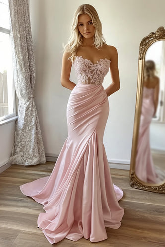 Pink Mermaid Satin Strapless Long Prom Dress with Lace Appliques