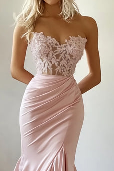 Pink Mermaid Satin Strapless Long Prom Dress with Lace Appliques