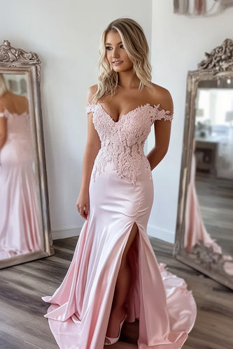 Pink Sheath Satin V-Neck Long Prom Dress with Slit