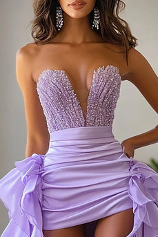 Lilac Satin High-Low Strapless Long Prom Dress with Ruffles