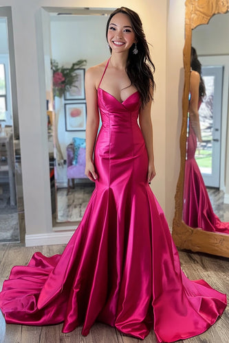 Fuchsia Satin Mermaid V-Neck Long Prom Dress