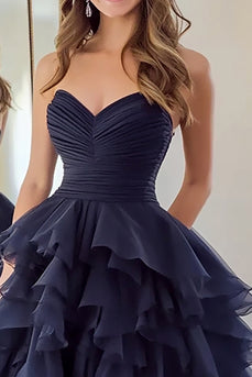 Navy Ball Gown Tulle V-Neck Tiered Long Prom Dress