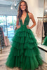 Load image into Gallery viewer, Ball Gown Green Tulle V-Neck Tiered Long Prom Dress