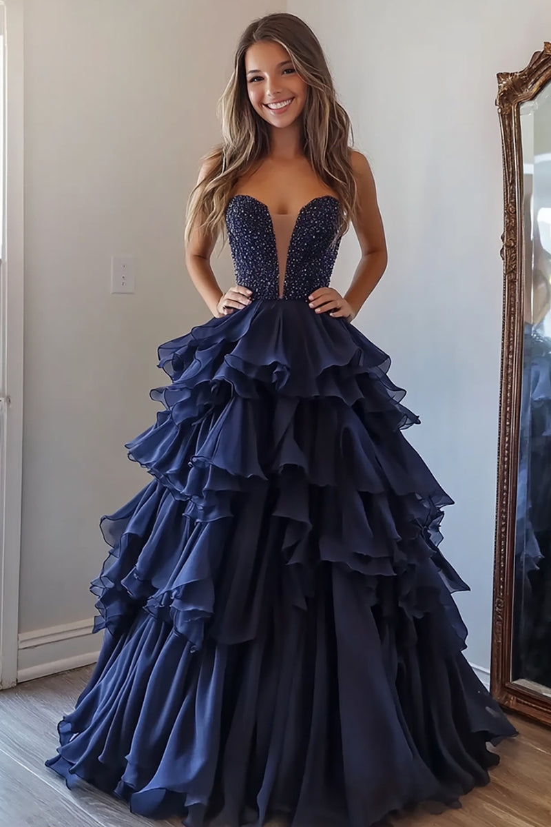 Load image into Gallery viewer, Navy Ball Gown Tulle Tiered Long Prom Dress