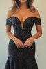 Load image into Gallery viewer, Black Sequins A Line Off the Shoulder Long Prom Dress