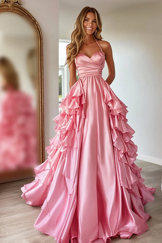 Pink Satin A Line Sweetheart Long Prom Dress with Ruffles