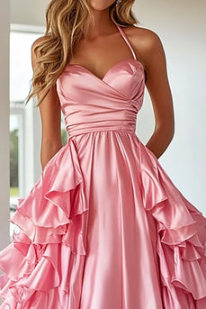 Pink Satin A Line Sweetheart Long Prom Dress with Ruffles