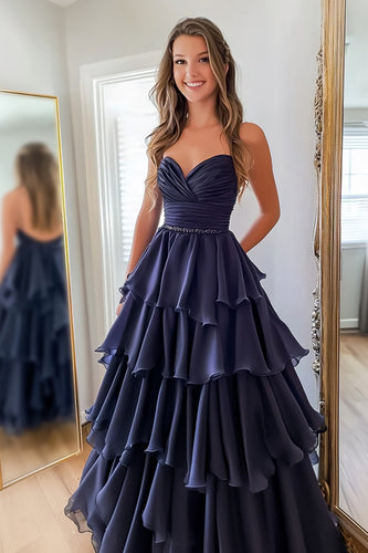 Navy Chiffon A Line Sweetheart Tiered Long Prom Dress