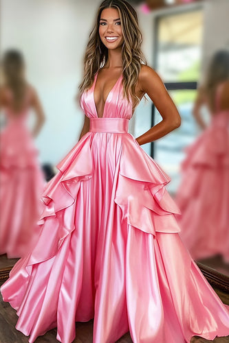 Pink Satin A Line V-Neck Long Prom Dress with Ruffles