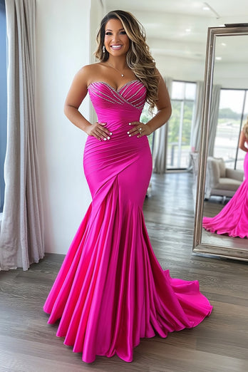 Fuchsia Mermaid Satin Sweetheart Long Prom Dress