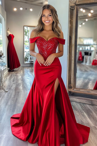 Red Satin Mermaid Off the Shoulder Long Prom Dress with Slit