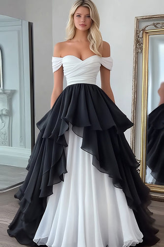 White&Black Ball Gown Chiffon Long Prom Dress with Ruffles