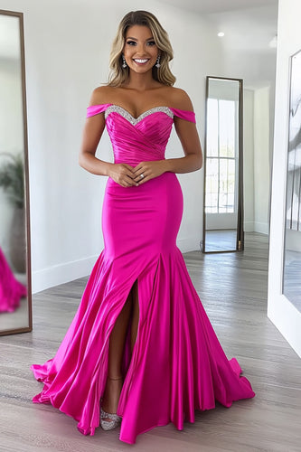 Fuchsia Mermaid Satin Off the Shoulder Long Prom Dress with Slit