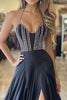 Load image into Gallery viewer, Black A Line Satin Pleated Long Prom Dress with Slit