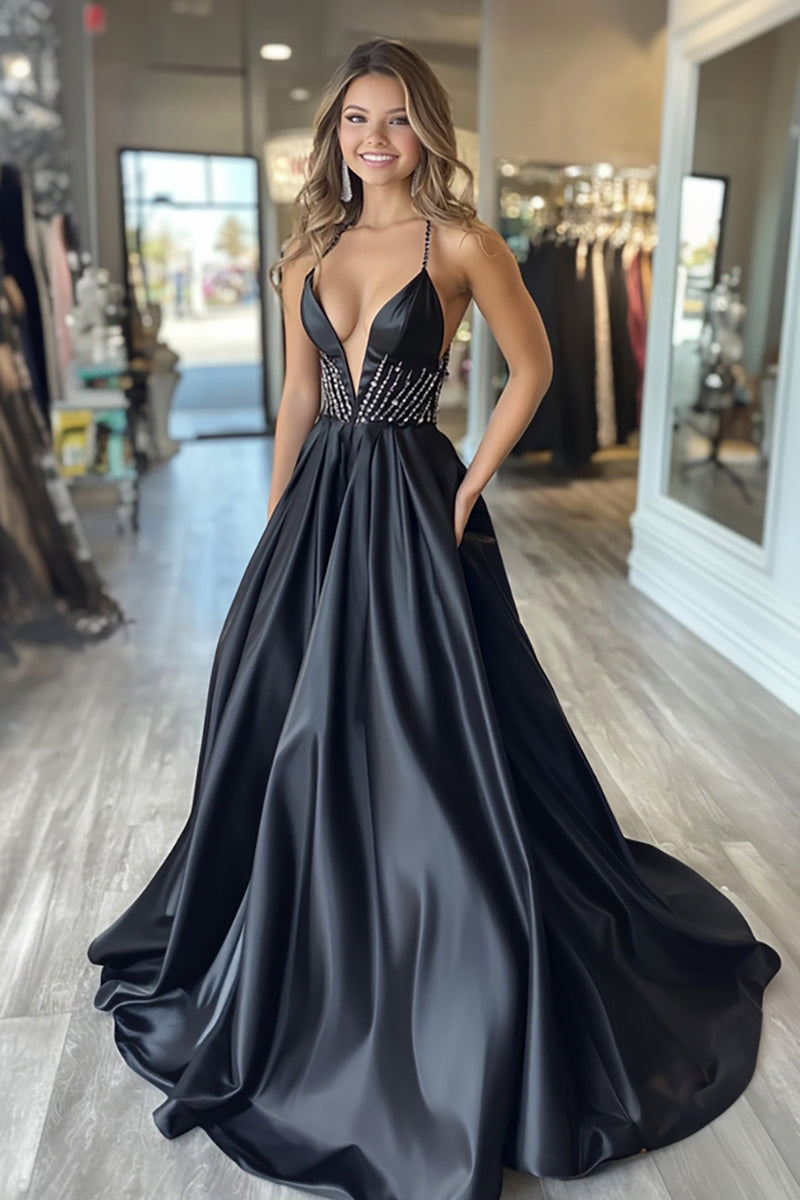 Load image into Gallery viewer, Black A Line Satin V-Neck Long Prom Dress