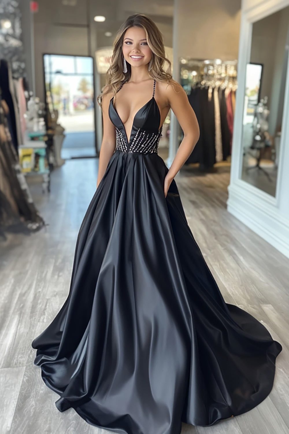 Black A Line Satin V-Neck Long Prom Dress