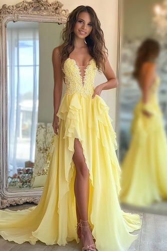 Daffodil Chiffon A Line Ruffled Long Prom Dress with Slit