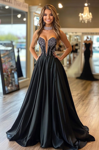 Black Satin A Line V-Neck Long Prom Dress with Appliques