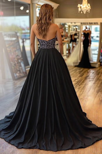 Black Satin A Line V-Neck Long Prom Dress with Appliques