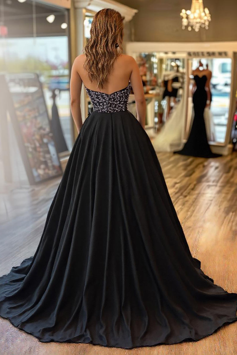 Load image into Gallery viewer, Black Satin A Line V-Neck Long Prom Dress with Appliques