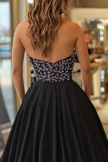 Black Satin A Line V-Neck Long Prom Dress with Appliques