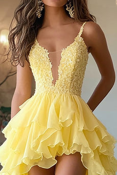 Daffodil High-Low Chiffon Ruffled Long Prom Dress with Appliques