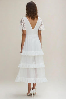 White Chiffon Tiered Long Rehearsal Dinner Dress with Lace Sleeves