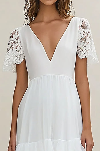 White Chiffon Tiered Long Rehearsal Dinner Dress with Lace Sleeves