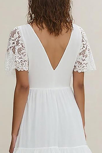 White Chiffon Tiered Long Rehearsal Dinner Dress with Lace Sleeves