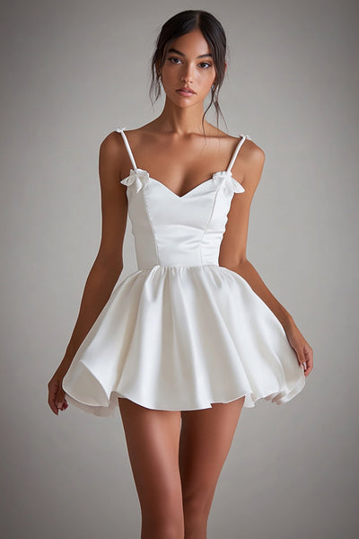 Spaghetti Straps V-Neck A Line Pleated Little White Dress