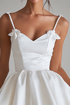 Spaghetti Straps V-Neck A Line Pleated Little White Dress