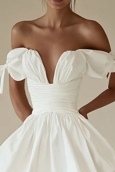 Off the Shoulder Ruched A Line Pleated Little White Dress