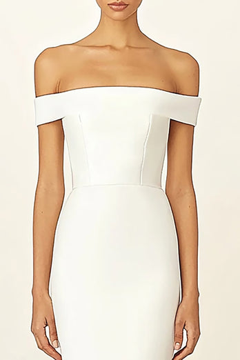 White Off the Shoulder Sheath Long Rehearsal Dinner Dress