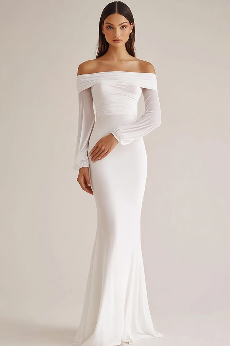 Load image into Gallery viewer, White Chiffon Off the Shoulder Sheath Long Rehearsal Dinner Dress