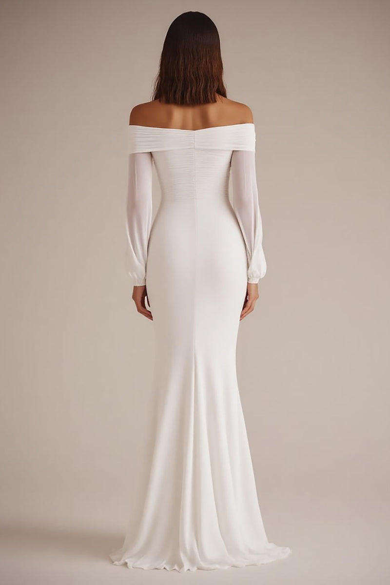 Load image into Gallery viewer, White Chiffon Off the Shoulder Sheath Long Rehearsal Dinner Dress