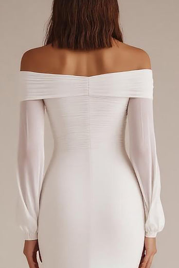 White Chiffon Off the Shoulder Sheath Long Rehearsal Dinner Dress