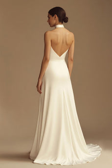 White Satin A Line Keyhole Long Rehearsal Dinner Dress