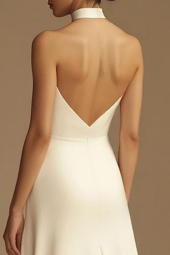 White Satin A Line Keyhole Long Rehearsal Dinner Dress