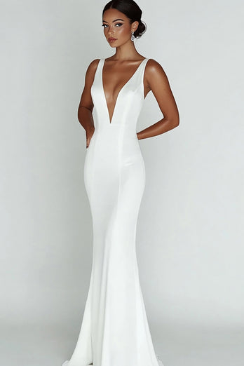 White Sheath V-Neck Sleeveless Long Rehearsal Dinner Dress