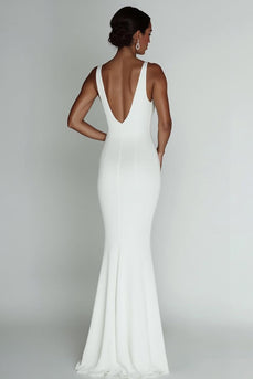 White Sheath V-Neck Sleeveless Long Rehearsal Dinner Dress