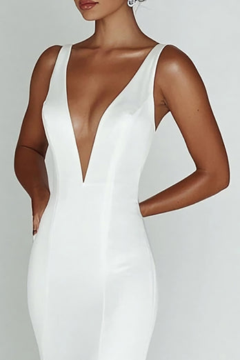 White Sheath V-Neck Sleeveless Long Rehearsal Dinner Dress