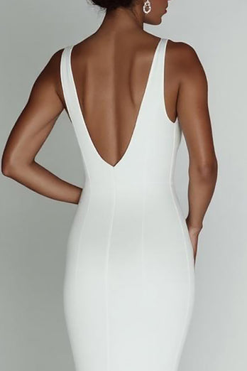 White Sheath V-Neck Sleeveless Long Rehearsal Dinner Dress