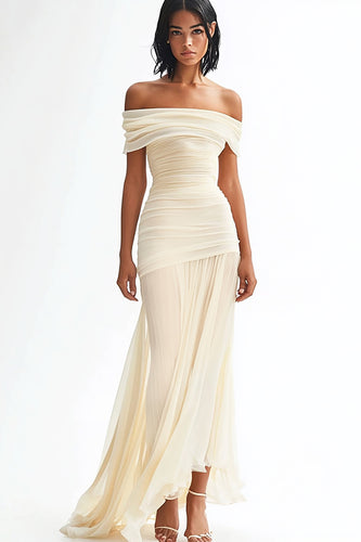 Chiffon Ivory Sheath Off the Shoulder Long Rehearsal Dinner Dress