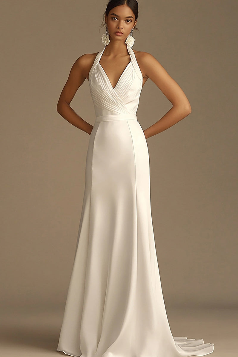 Load image into Gallery viewer, White Halter A Line Satin Long Rehearsal Dinner Dress