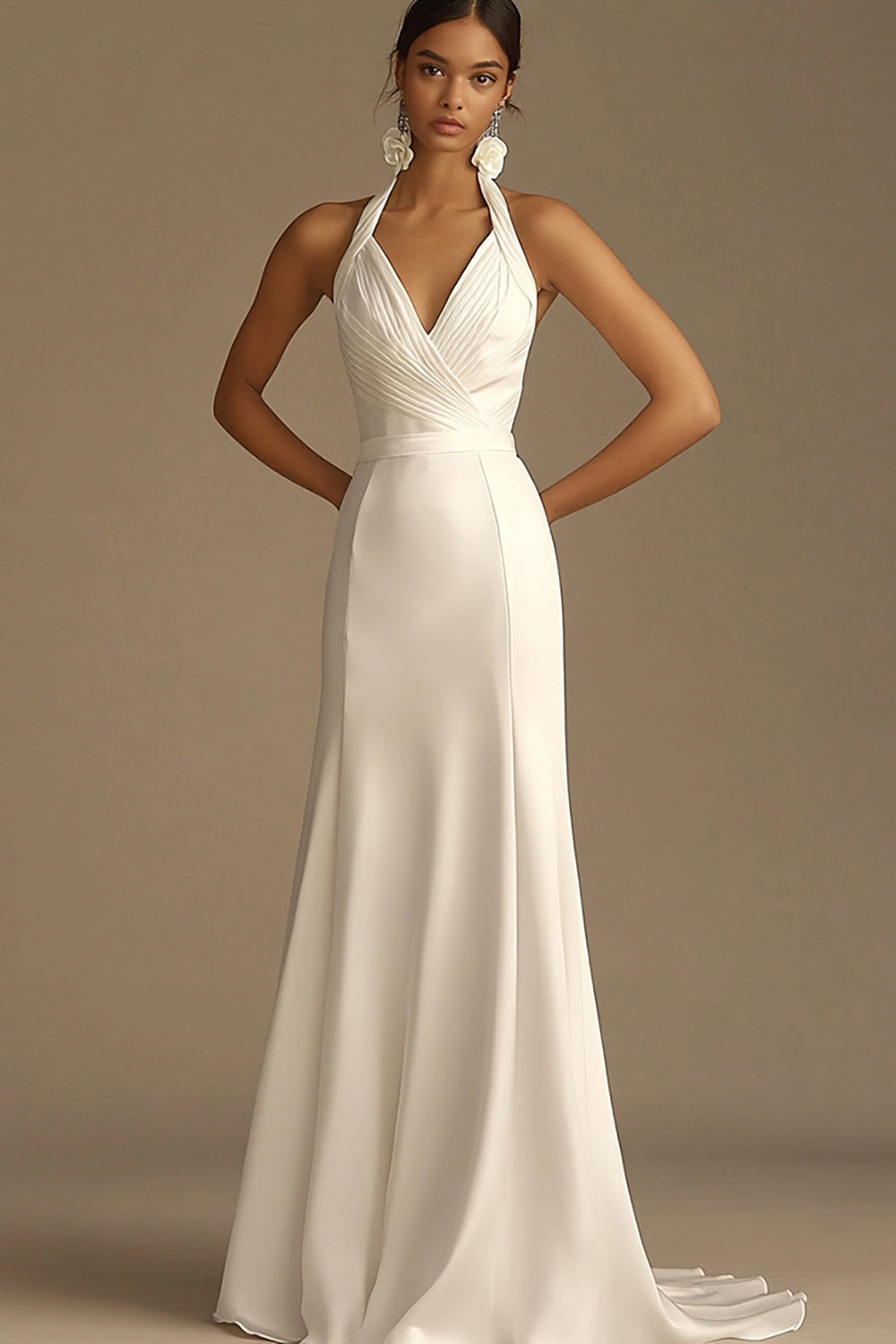 White Halter A Line Satin Long Rehearsal Dinner Dress