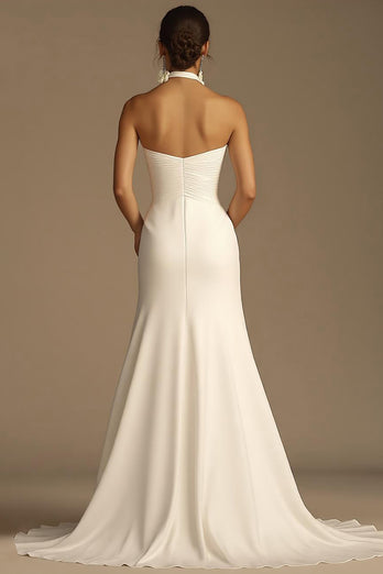 White Halter A Line Satin Long Rehearsal Dinner Dress