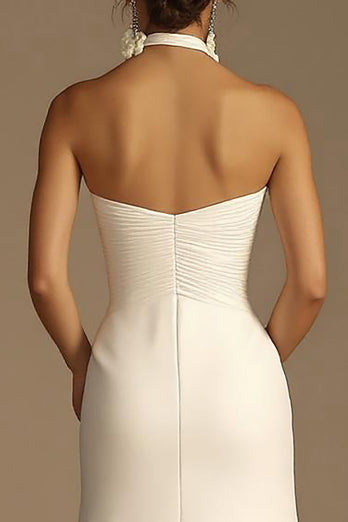 White Halter A Line Satin Long Rehearsal Dinner Dress