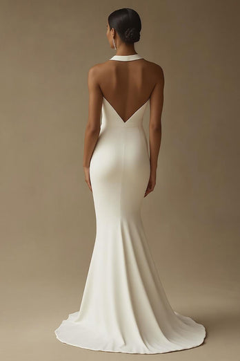 White Mermaid Keyhole Long Rehearsal Dinner Dress with Slit